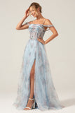 Cold Shoulder A-Line Blue Printed Long Corset Formal Dress with Slit