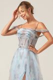 Cold Shoulder A-Line Blue Printed Long Corset Formal Dress with Slit