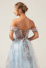 Load image into Gallery viewer, Cold Shoulder A-Line Blue Printed Long Corset Formal Dress with Slit