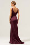 Burgundy Sheath V Neck Ruched High-Low Bridesmaid Dress with Slit