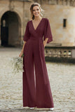 Simple Ivory V-Neck Flutter Sleeves Wedding Jumpsuit with Pocket