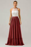 Eucalyptus Keyhole Boho Chiffon Long Bridesmaid Dress with Lace