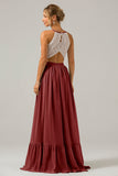 Eucalyptus Keyhole Boho Chiffon Long Bridesmaid Dress with Lace