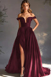 Black Off The Shoulder A Line Chiffon Long Formal Dress with Slit