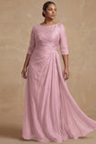 Dusty Sage Ruched A Line Half Sleeves Plus Size Mother Of The Bride Dress