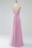 Dusty Sage A-Line Spaghetti Straps Pleated Chiffon Long Bridesmaid Dress