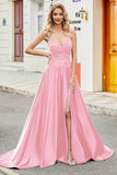 Fuchsia A Line Spaghetti Straps Long Formal Dress with Appliques