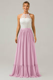 Eucalyptus Keyhole Boho Chiffon Long Bridesmaid Dress with Lace