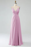 Dusty Sage A-Line Spaghetti Straps Pleated Chiffon Long Bridesmaid Dress