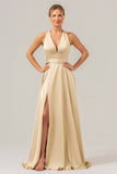 Pink A Line V-Neck Backless Satin Long Bridesmaid Dress with Slit