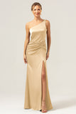 Olive Mermaid One Shoulder Backless Satin Long Bridesmaid Dress