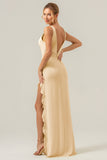 Lime Sheath Deep V Neck Backless Long Bridesmaid Dress with Ruffle Slit