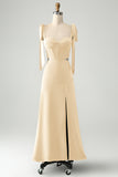 Olive A-Line Spaghetti Straps Floor Length Wedding Guest Dress with Slit