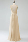 A-Line Desert Rose Spaghetti Straps Pleated Chiffon Long Bridesmaid Dress