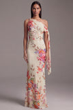 One Shoulder Black Mermaid Printed Ruched Floral Long Wedding Guest Dress
