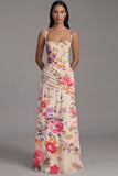 Floral Ruched Ivory Square Neck A Line Wedding Guest Dress