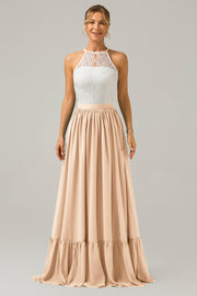 Champagne Keyhole Boho Chiffon Long Bridesmaid Dress with Lace