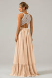 Champagne Keyhole Boho Chiffon Long Bridesmaid Dress with Lace