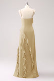 Tahiti Spaghetti Straps Chiffon Long Bridesmaid Dress with Ruffles