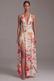 Halter Black Floral Printed A Line Wedding Guest Dress with Slit
