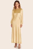 Black Satin Boat Neck A-Line Long Formal Dress with Long Sleeves