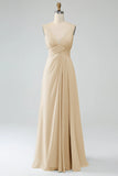 A-Line Desert Rose Spaghetti Straps Pleated Chiffon Long Bridesmaid Dress