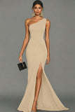 Black Satin Mermaid One Shoulder Long Formal Dress with Slit