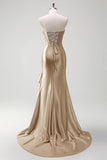 Sparkly Grey Blue Mermaid Strapless Ruffle Corset Satin Long Formal Dress with Slit