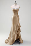 Sparkly Burgundy Mermaid Strapless Ruffled Corset Satin Long Formal Dress with Slit