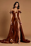 Golden Metallic Ruffled A Line Long Formal Dress with Slit