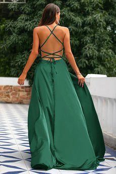 A-Line Spaghetti Straps Backless Long Satin Formal Dress with Slit