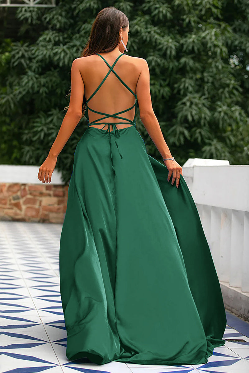 Load image into Gallery viewer, A-Line Spaghetti Straps Backless Long Satin Formal Dress with Slit