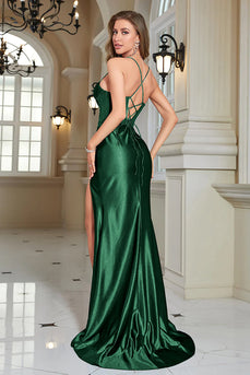 Dark Green Mermaid Spaghetti Straps Long Formal Dress With Slit