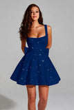 Sparkly A Line Square Neck Sequins Short Homecoming Dress with Back Giant Bow