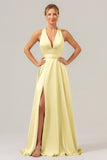 Pink A Line V-Neck Backless Satin Long Bridesmaid Dress with Slit