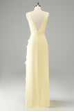 Lemon Deep V Neck Ruffled Wedding Guest Dress with Slit