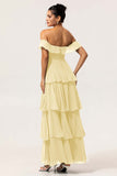 Candy Pink A Line Off the Shoulder Tiered  Pleated Long Bridesmaid Dress with Slit