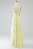 A-Line Desert Rose Spaghetti Straps Pleated Chiffon Long Bridesmaid Dress