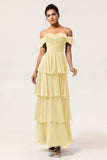Candy Pink A Line Off the Shoulder Tiered  Pleated Long Bridesmaid Dress with Slit