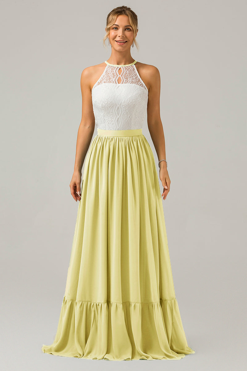 Load image into Gallery viewer, Champagne Keyhole Boho Chiffon Long Bridesmaid Dress with Lace
