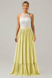 Champagne Keyhole Boho Chiffon Long Bridesmaid Dress with Lace