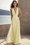Ivory Pleated Chiffon Deep V-Neck Maxi Boho Formal Dress