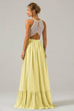 Champagne Keyhole Boho Chiffon Long Bridesmaid Dress with Lace