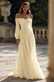 Ivory Pleated A Line Off The Shoulder Sweep Train Wedding Dress
