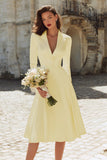 Ivory Satin Peak Lapel A Line Midi Engagement Dress with Sleeves