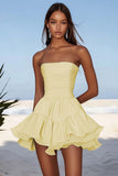 Black Ruffled Chiffon Strapless Short Cocktail Dress