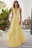 Black Ruffled A Line Chiffon V Neck Long Formal Dress