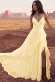 Ivory Spaghetti Straps A Line Ruffled Boho Wedding Dress with Slit