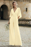 Simple Ivory V-Neck Flutter Sleeves Wedding Jumpsuit with Pocket