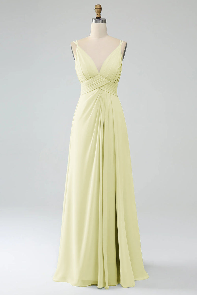 Load image into Gallery viewer, A-Line Desert Rose Spaghetti Straps Pleated Chiffon Long Bridesmaid Dress